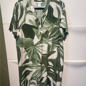 H&M Green and White Casual Button Down Dress with Leaf Print